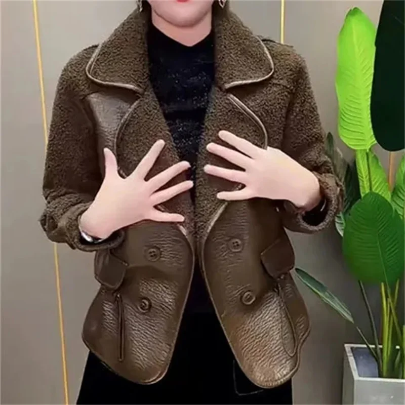 Network Red Fur on Both Sides Wear Leather Loose Coat Women 2022 Winter All Matching Suit Collar Fashion Western Style Top Trend