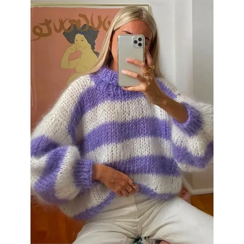 

Mohair Stripe Crochet Knit Women Cute Pullover Turtleneck Lantern Sleeve Oversized Loose Sweater Autumn Chic Casual Streetwears