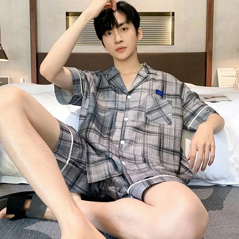 Summer Men Sleepwear Striped Cotton Pajamas Sets for Men Short Sleeve Pyjama Male Homewear Loungewear Lounge Wear Clothes