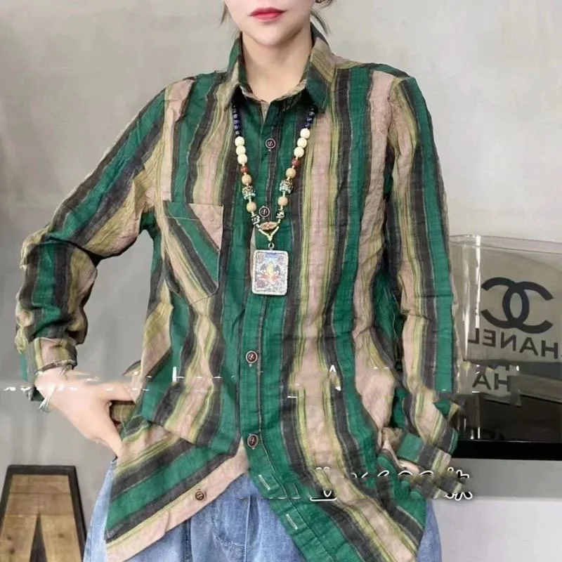 Spring Autumn New Women's Korean Version POLO Collar Stripes Button Pockets Spliced Fashion Loose Casual Long Sleeve Shirt Tops