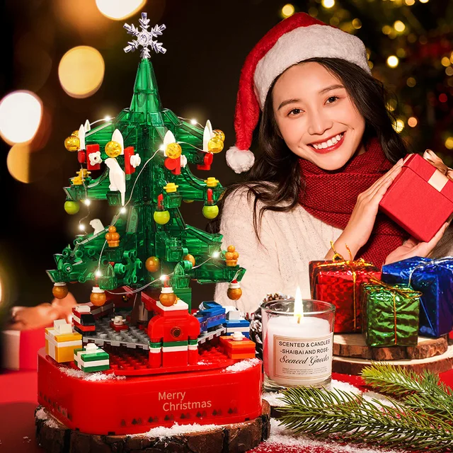 City Christmas Tree Rotating Music Box Building Blocks Friends Santa Claus LED Light Shining Xmas Bricks Toys For Children Gifts