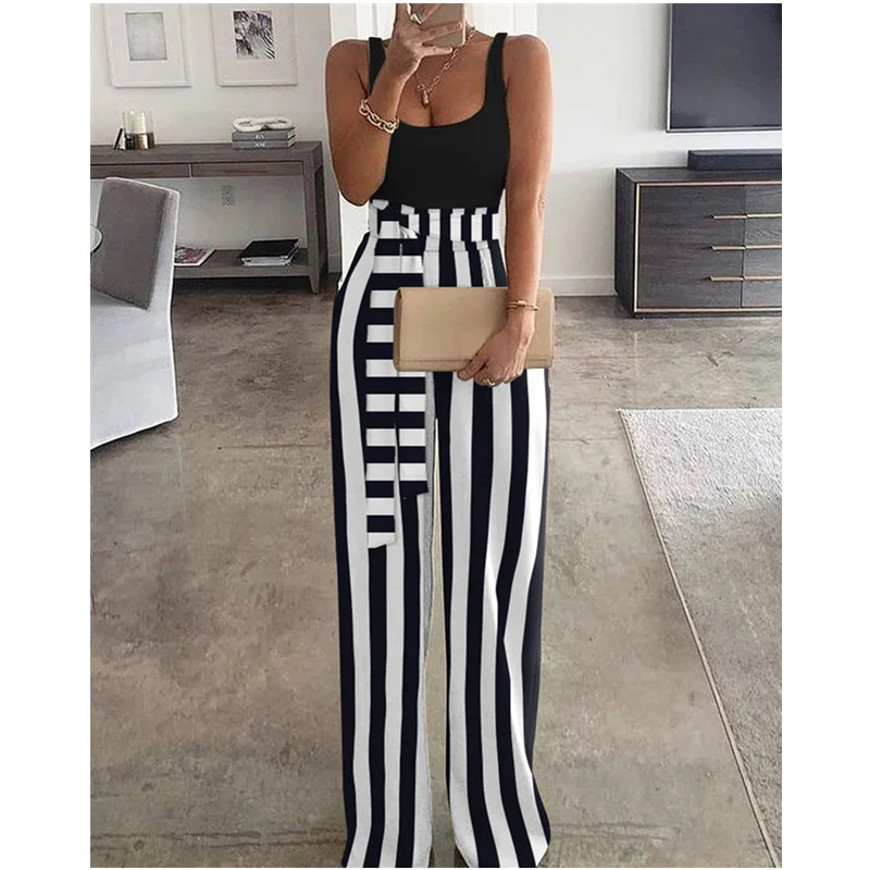 

Women Casual Fashion Sleeveless High Waist Corset Romper Onepieces Elegant Tied Detail Stripe Print Colorblock Jumpsuit Overalls