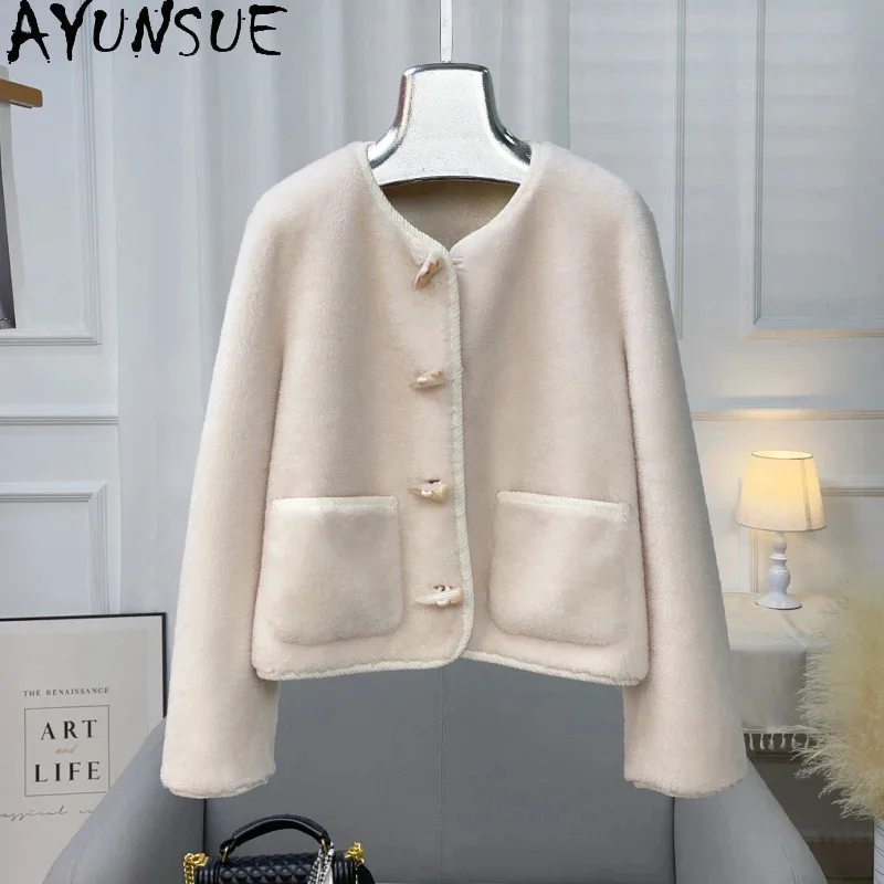 

100% AYUNSUE Pure Wool Jackets for Women 2024 Fall Winter Short Sheep Shearing Coat Round Neck Fur Coats Horn Button Casacos