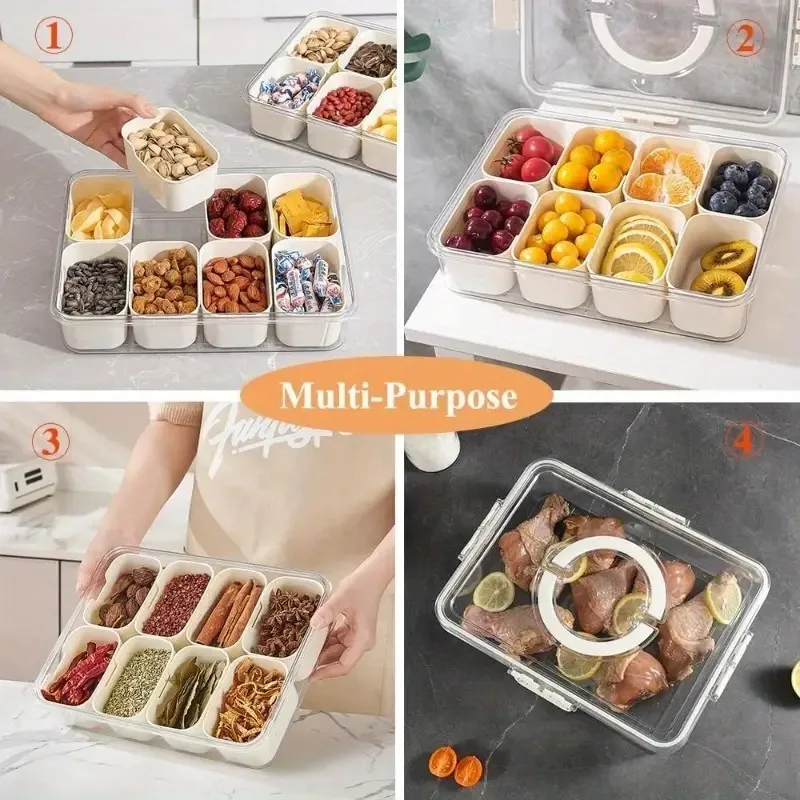 Large Capacity Partitioned Kitchen Storage Tray, Sealed Refrigerator Storage Box With Handle, Outdoor Fruit Platter Organizer 4