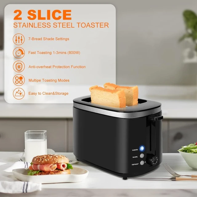 2 Slice Toaster, Long Slot & Removable Crumb Tray, 7 Shading Options with  Auto S