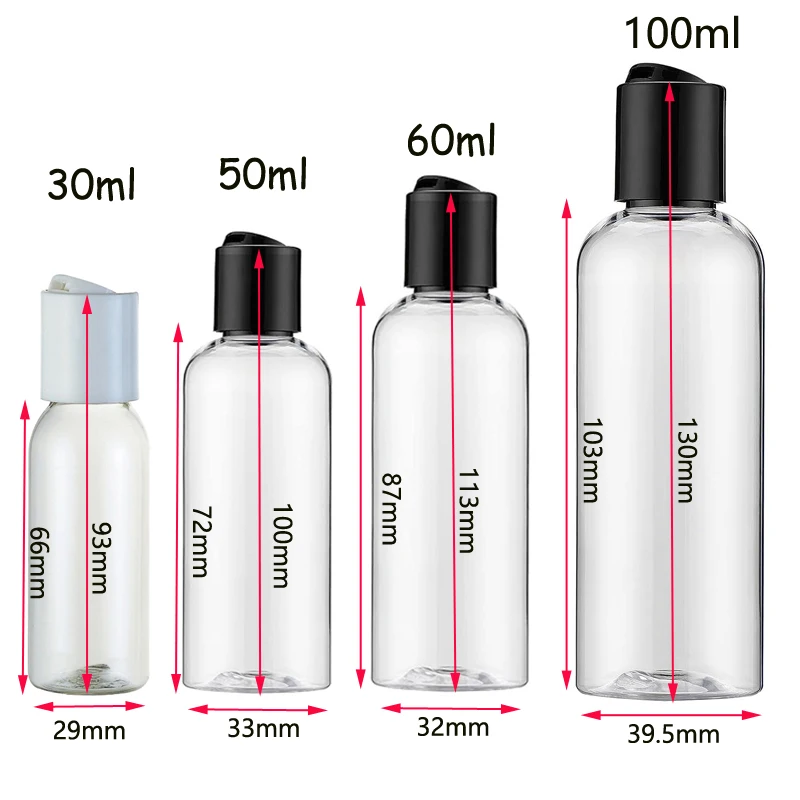 5PCS 30ml 50ml 60ml 100ml Clear Plastic Empty Bottles Disc Top Caps Travel Refillable Containers Shampoo Lotions Cream perfume refill bottle refillable lotion bottle