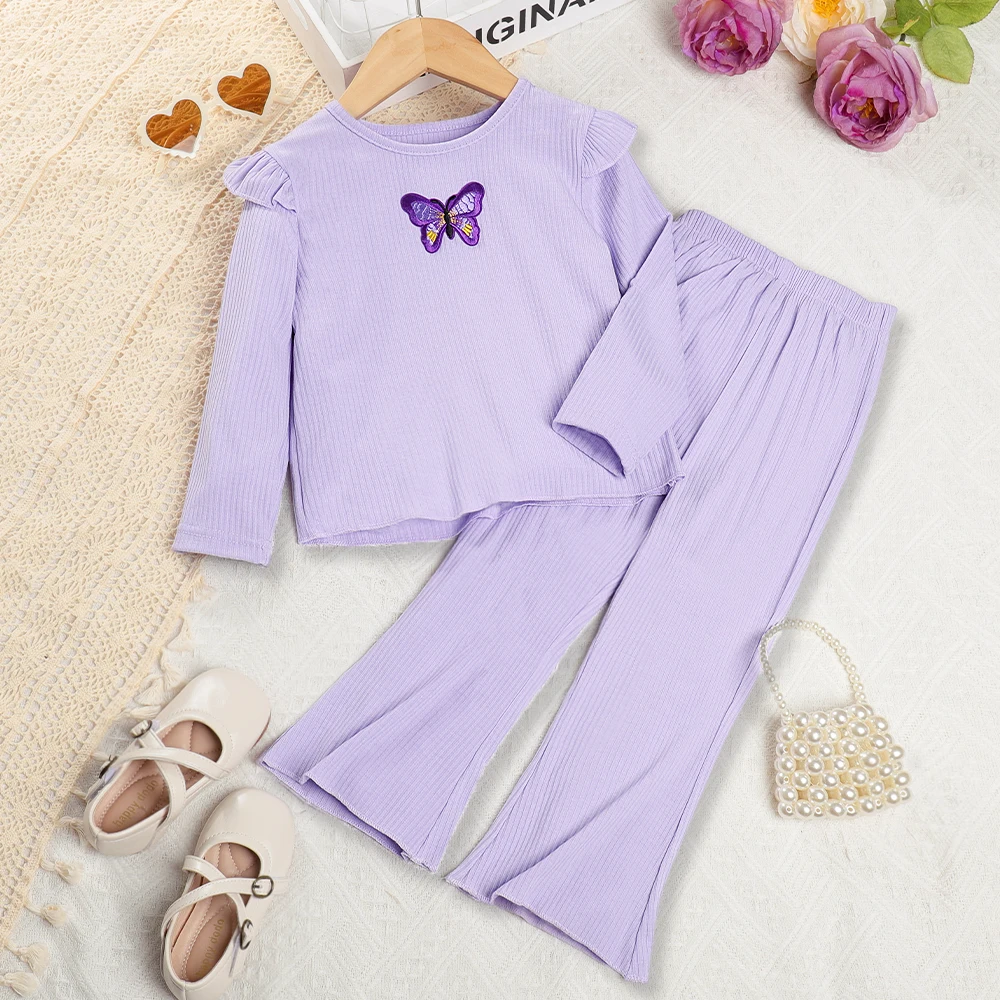 

Menoea Girls' Set 2023 Autumn New Children's Round Neck Ruffled Butterfly Embroidery Top+Flare Pants Children's Fashion Set