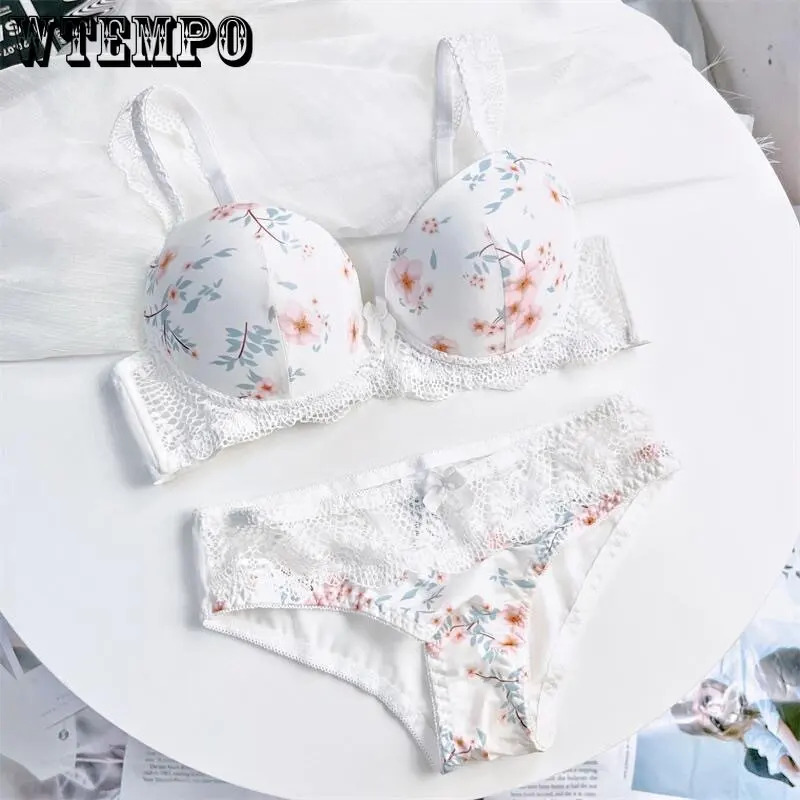 

Floral Bra Set for Women Sweet Girl Thin Large Size E Cup Lingerie Set Lace Fancy Underwear Suit Sexy Push Up Bra and Panty Set