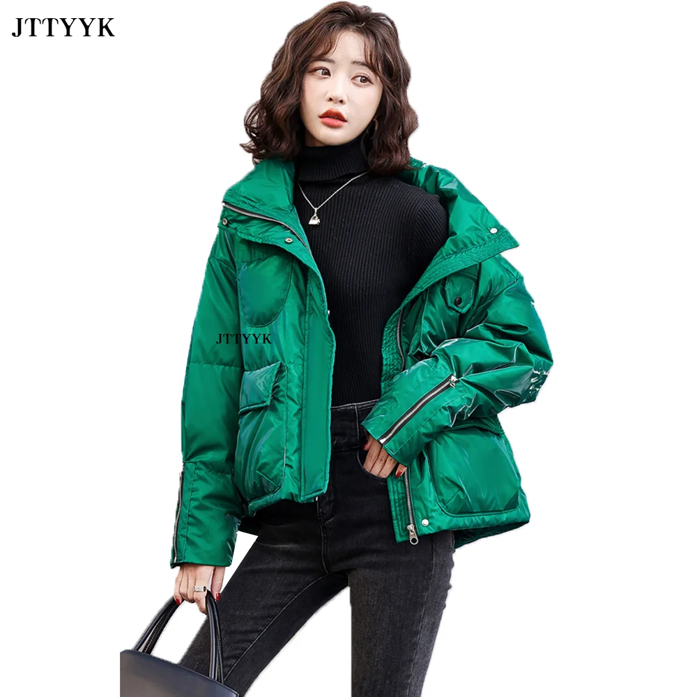 

Korean Fashion Glossy Windproof Outwear Women Winter Short Jacket Stand Collar Casual Thicken Feather Parka White Duck Down Coat