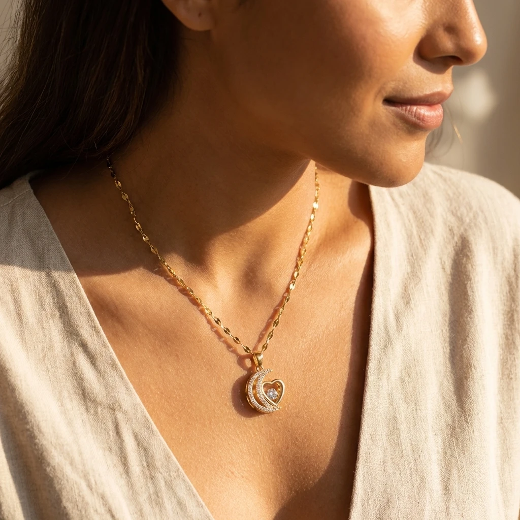 Mondherz-inspirierte Choker-Halskette für Frauen, goldfarben, glitzernder CZ-Stein-Anhänger, verstellbar, romantischer Alltagsschmuck