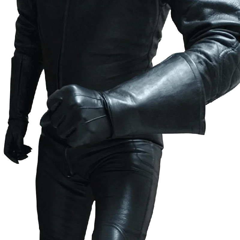 35CM MEN'S BLACK LAMBSKIN LEATHER MEDIEVAL RENAISSANCE LONG DOUBLE CUFF GAUNTLET GLOVES leather mittens mens