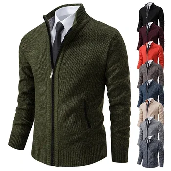 2025 Autumn and Winter New Jersey Men's Casual Sports Coat Solid Color Stand Collar Sweater Grab Fleece Warm Zipper Cardigan 1