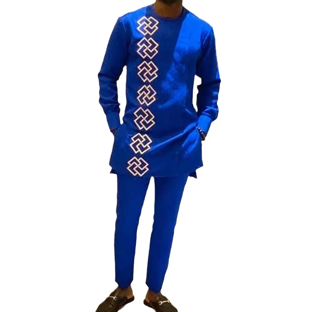 Men's chic casual blue geometric print long sleeve two-piece set
