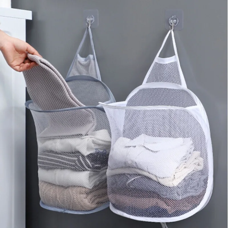 

Folding Laundry Basket Organizer Wall-Mounted Dirty Clothes Basket Bathroom Mesh Storage Bag Household Wall Hanging Basket 2022