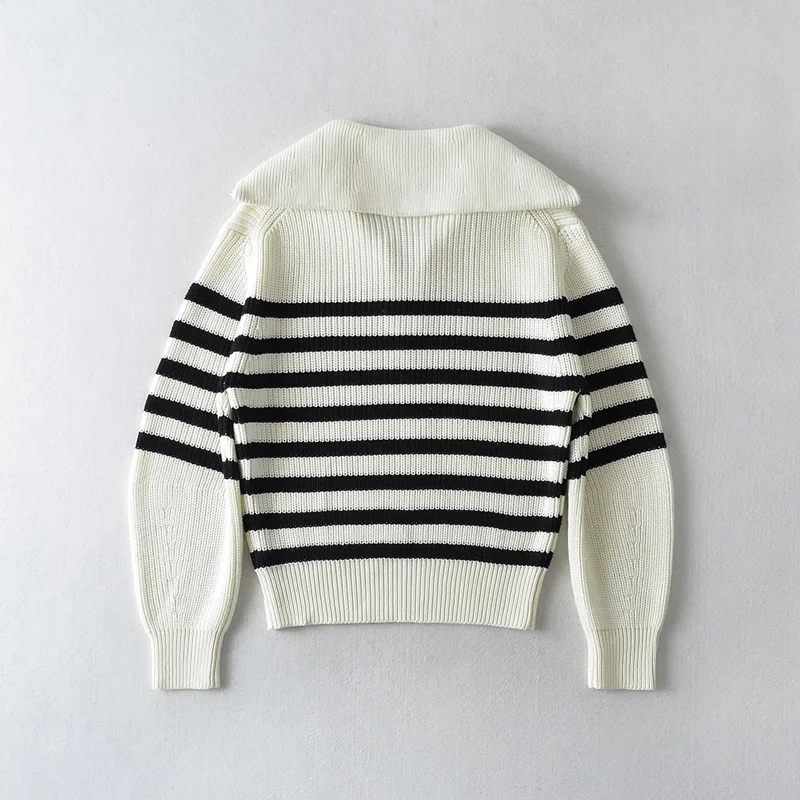 Women Striped Chunky Quarter Zip Collared Knit Sweater Jumper