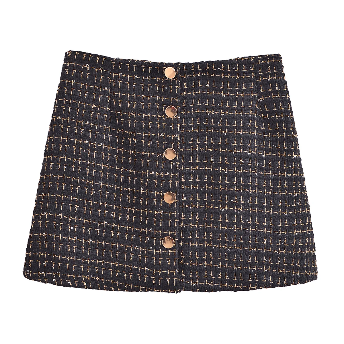 French Retro Women Black Weave Gold Line Tweed Blazer High Waist Center Buttons Back Zipper Mini Skirt Set Suits 2 pieces 1 set