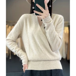 Hot Sale Autumn Winter Women 100% Merino Wool Sweater Female V-Neck Long Sleeve Pullover Ladies Fashion Knit Jumper Girl Tops