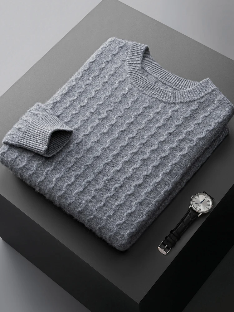 Autumn winter new  100% cashmere men sweater pullover Long sleeve O-neck corrugated loose plus size business casual knitted coat