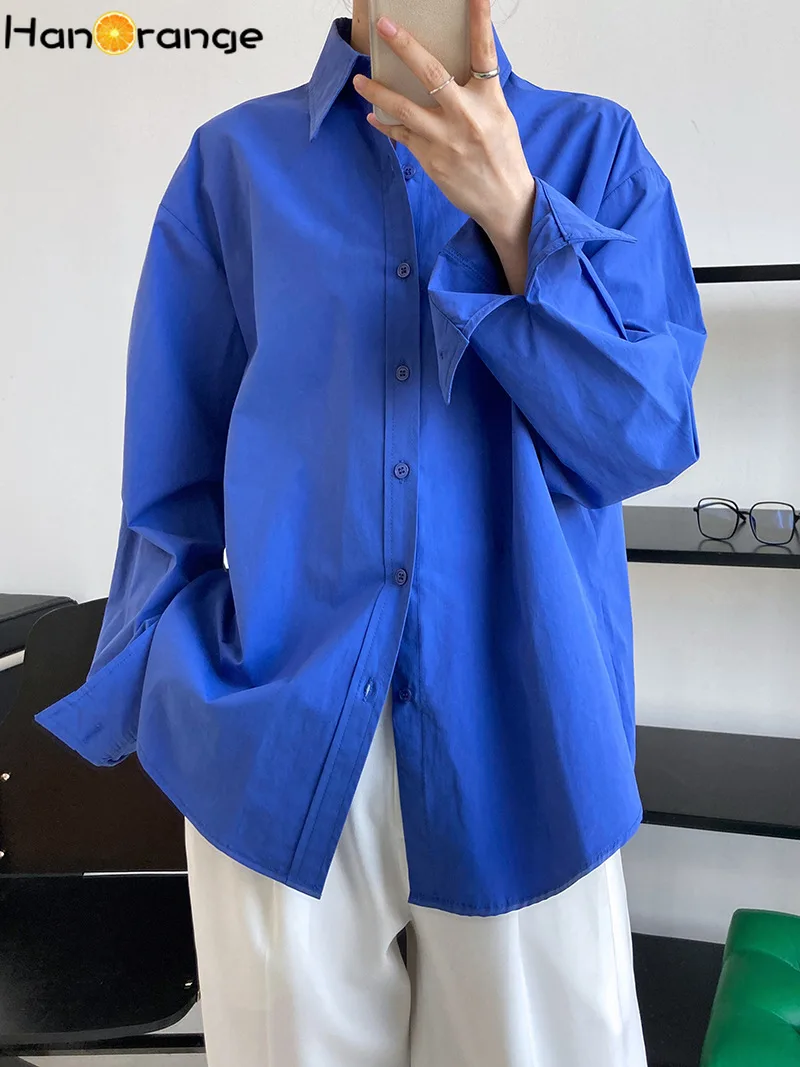 HanOrange 2024 Spring Autumn Simple Solid Color Cotton Shirt Women Lazy Style Loose Top Female White/Royal Blue/Smoky Green wireless blue tooth mobile selfie lazy artifac tiktoks remote control ring mobile phone bluetoth controller page turner clicker