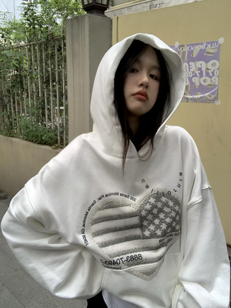 

Korean Print Hoodies Women Loose White Vintage Y2k Sweatshirt Female American Retro Streetwear Couple Hoodies Lovers