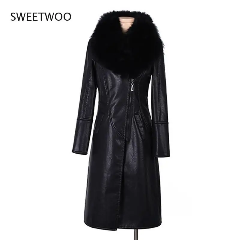 Pu Leather Long Sleeve Winter Jacket and Coat for Women Fur Collar Faux Leather Jacket Korean Soft Plush Lining Warm Slim 2022