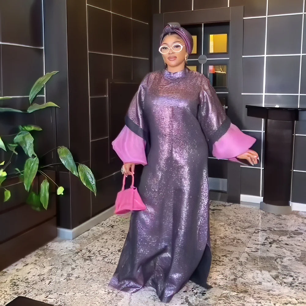 

New Long Lantern Sleeve Turtleneck Oversized Dress Elegant Dresses For Women 2024 Evening Party Solid Shiny Dress African Gowns