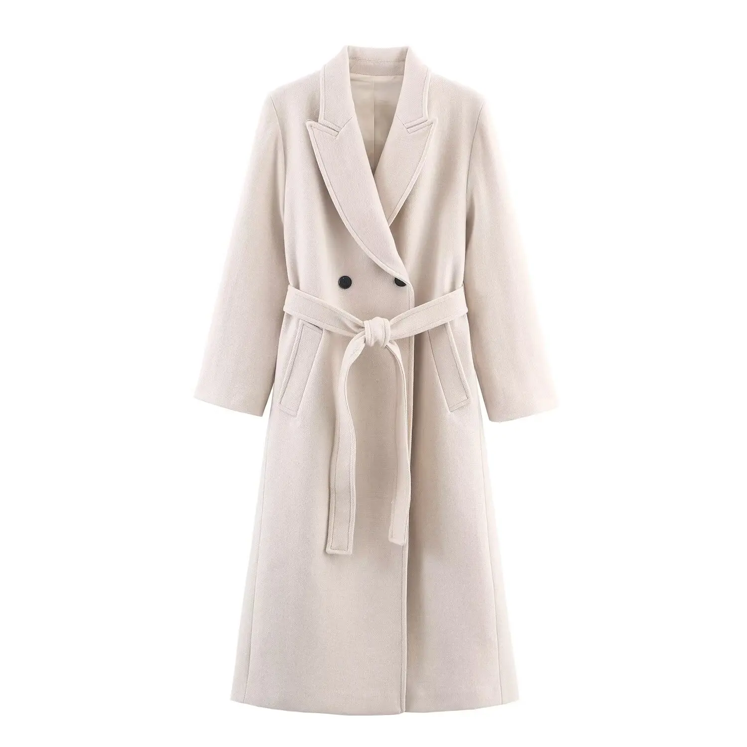 Women's Solid Double-Breasted Wool Coat Autumn Winter Lady Temperament Commuter Long Coat Mid-Length High Street Casual Overcoat