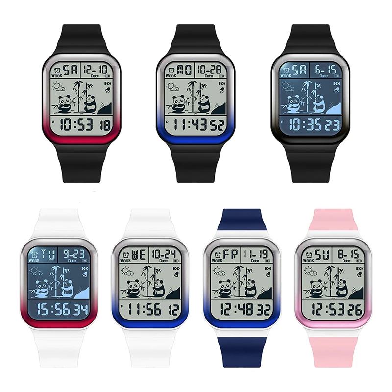 Unisex Digital Watches 50M Waterproof Luminous Sport Watch Square Panda Gradient Dial Alarm Clock For Women Men