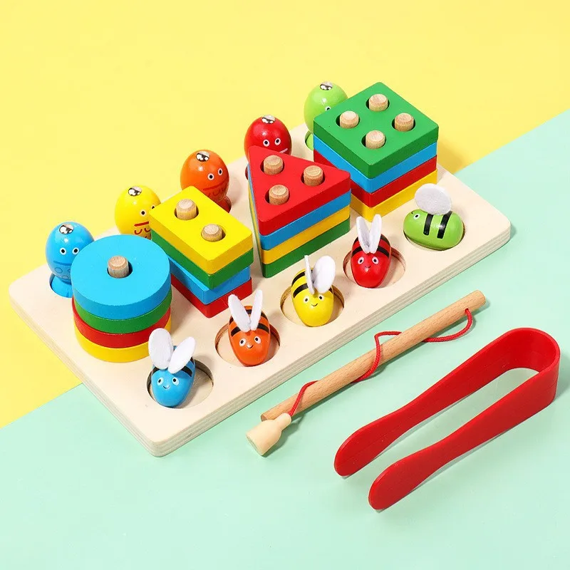 Montessori Wooden Fishing Clip Bee 3 In 1 Pillars Early Education Hand Eye  Coordination Color Recognition Interactive Baby Toys
