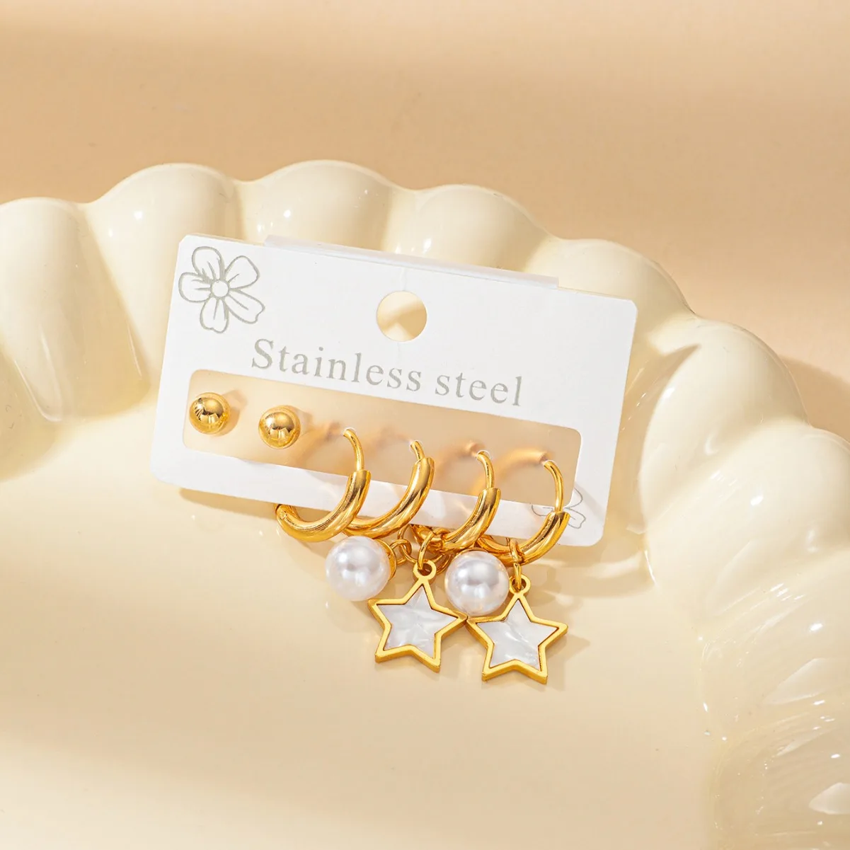 Chic Stylish 316L Stainless Steel 3 Pair/set Flower Star Moon Heart Earring Sets for Women Jewelry Simple Temperament Wholesale 3