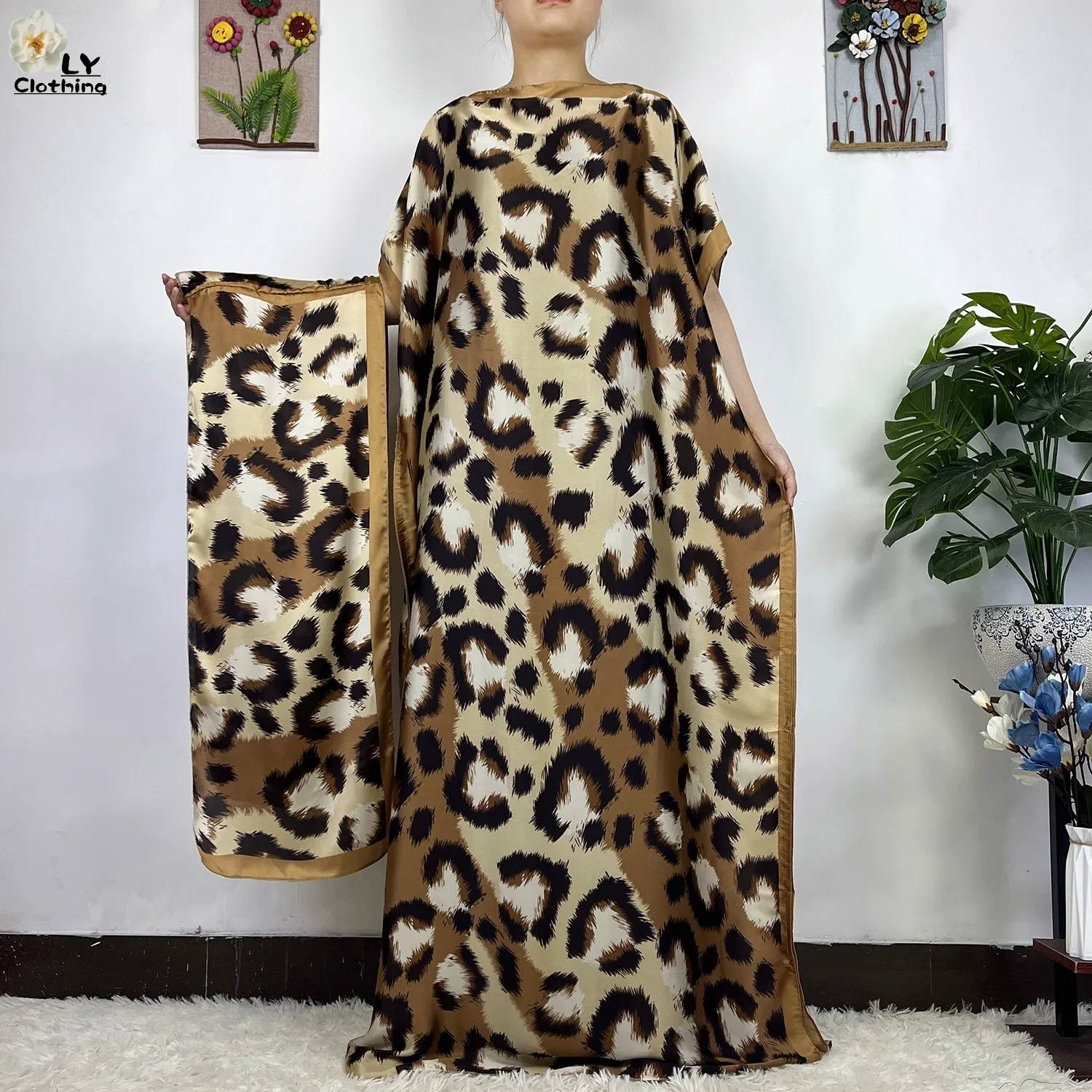 2023 New African Fashion Short Sleeve Colored Pattern Dubai Women Summer Real Silk Soft Printing Loose Tradition Muslim Dress 6