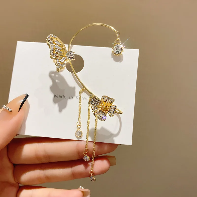 Shiny Zircon Butterfly Ear Cuff Gold Color Tassel Clip On Earrings For Women Korea Style Flower Earring Without Piercing Jewelry