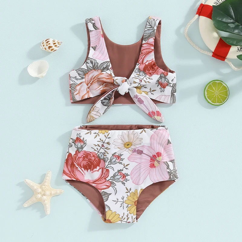 Kids Girl Two Piece Swimsuits Summer Striped/Floral Print Knotted Tankini and Elastic Shorts Set Bikini Bathing Suits