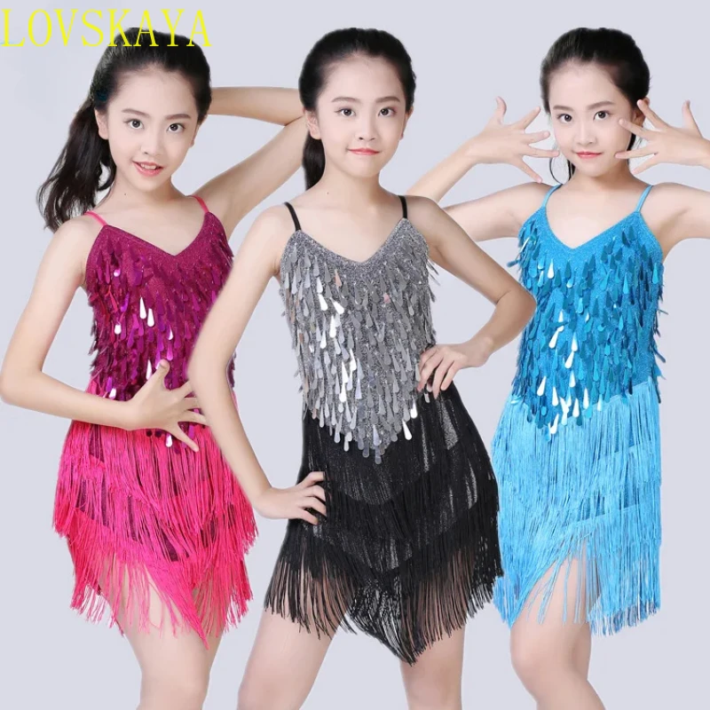 1pcs/lot Children Fashion Sequin Tassel Dancing Dress Girl Performance Tango Cha Cha Dancing Dress