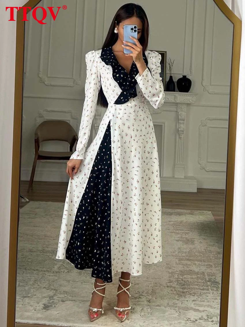 

TTQV Elegant White Patchwork Womens Dresses Fashion Flowers Print Long Sleeve Female Dresses Casual High Waist Mid-Calf Dress