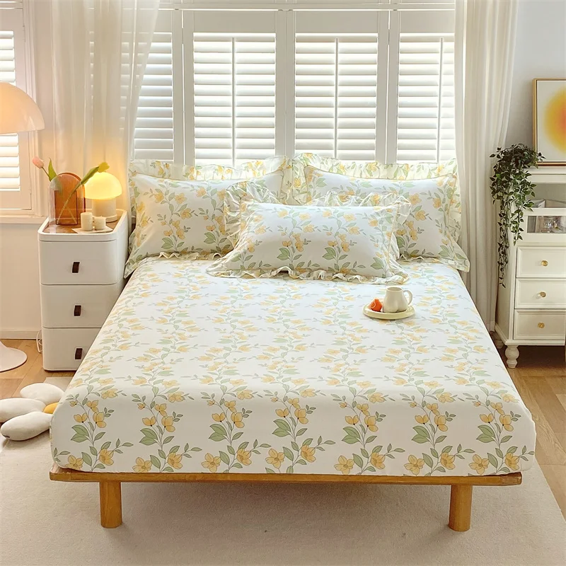 Bonenjoy 1 pc 100%Cotton Fitted Sheet Floral Flower Printed Bed Cover with Elastaic Queen/King Size Bed Fitted Sheet 180x200cm 2
