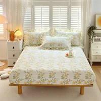 Bonenjoy 1 pc 100%Cotton Fitted Sheet Floral Flower Printed Bed Cover with Elastaic Queen/King Size Bed Fitted Sheet 180x200cm 2
