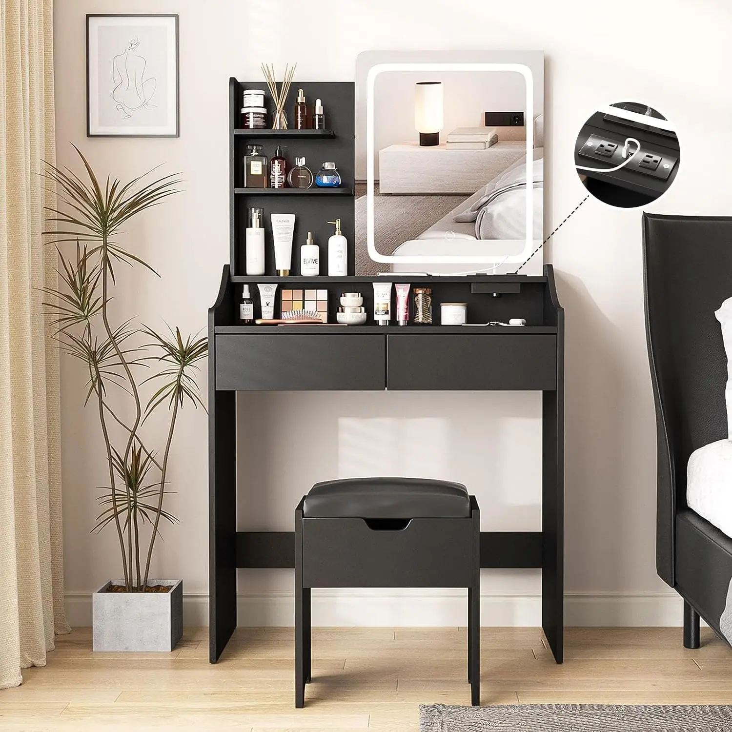 

Vabches Vanity Desk with LED Light Mirror and Charging Station, Small Cute Vanity Set with 4 Storage Shelves 2 Drawers, Vanity