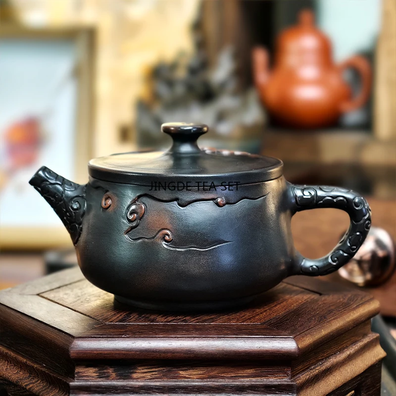 1 purple pottery vintage handmade teapot ceramic carved kung fu teapot pu erh tea set