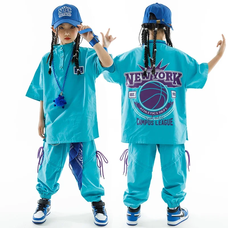 

Street Dance Wear Girls Hip Hop Performance Costumes 2024 New Jazz Modern Dance Rave Clothes Blue Loose Hiphop Outfits