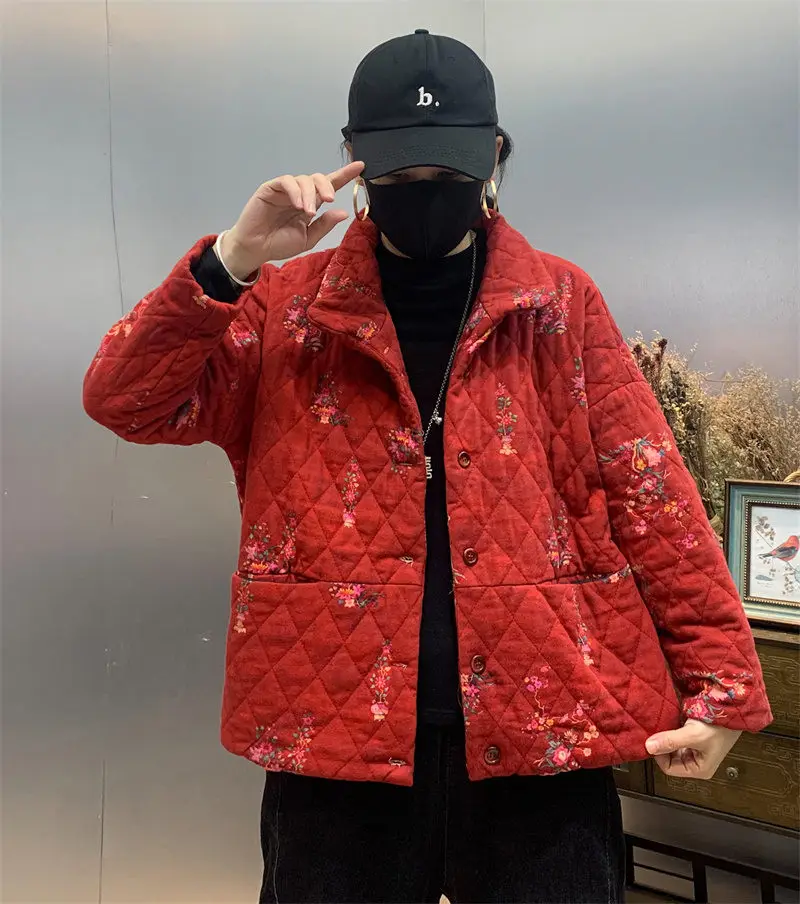 

Женская Стеганая куртка из хлопка и льна, однобортная свободная теплая куртка в винтажном этническом стиле с принтом, большие размеры, T1814, зима