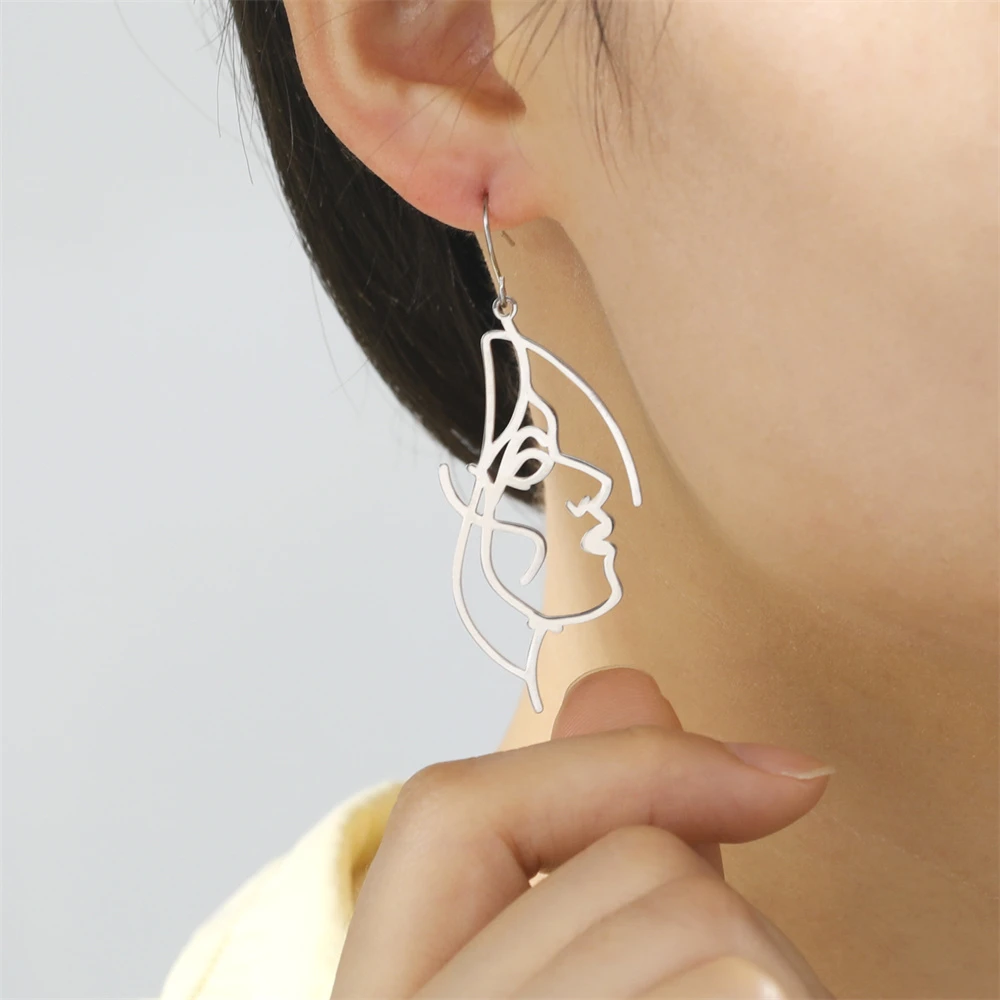 Pendientes forma de Cara hueca para mujer, aretes colgantes con silueta de cara abstracta simétrica con personalidad, regalos de joyería| | - AliExpress