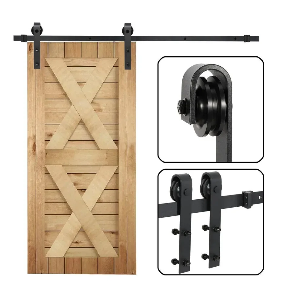 Kit de herrajes para puerta corrediza de Granero PLUS, Riel de riel negro, estilo colgante, moderno, 6,6 pies