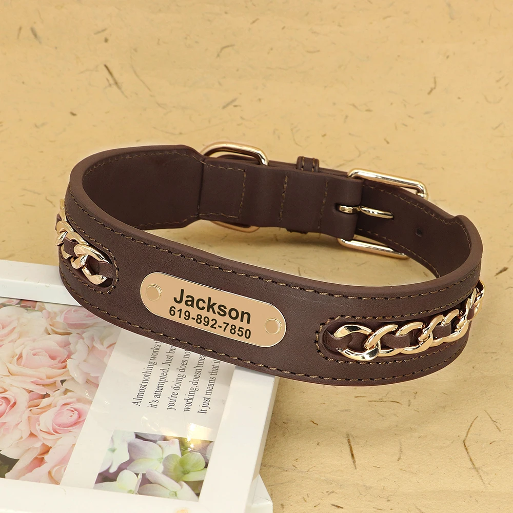 Personalized Dog Collar Durable Leather Dogs ID Collars With Anti-lost Name Tag Chain Accessories for Small Medium Large Dogs