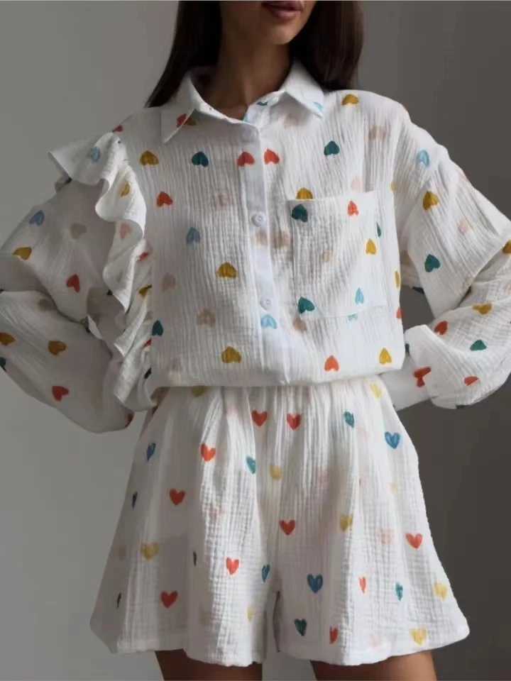 Sweet Lovely Cotton Love Heart Pattern Pajama Sets Pink Sleeved Shorts Sleepwear Two Picec Set for Women's Loungewear Outfits