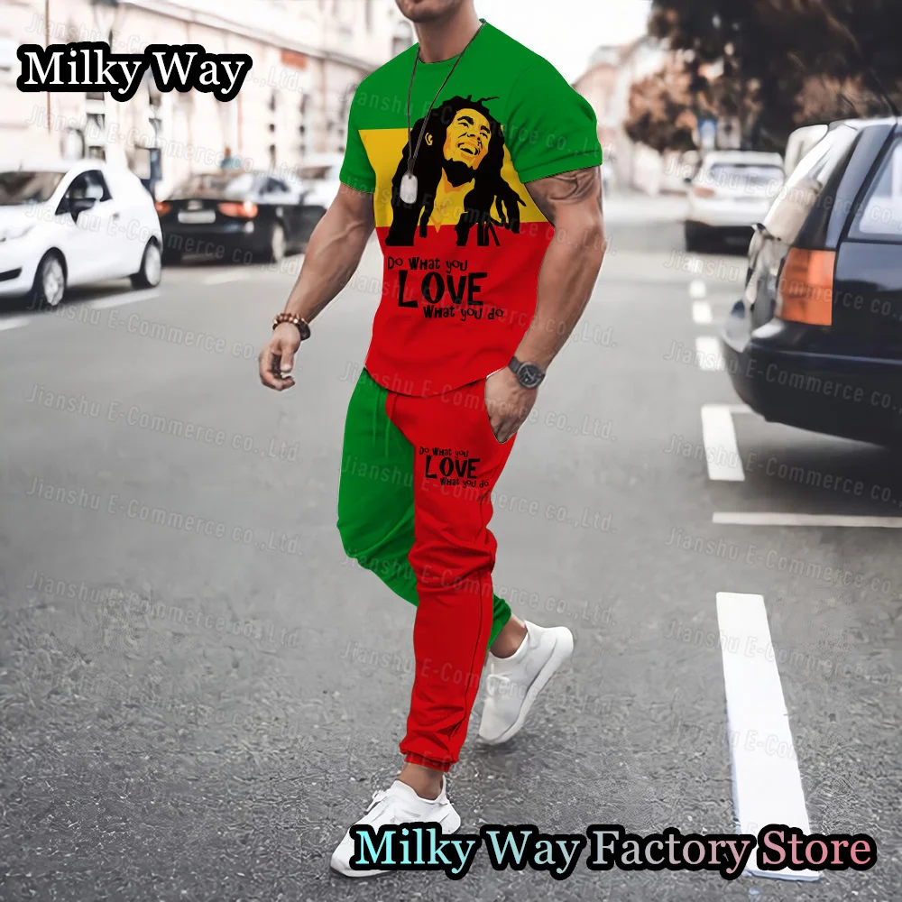 Bob Marley Men's Summer Tracksuit T-Shirt Trousers Set Male Fashion Suit Casual Streetwear One Love Outfit Reggae Music Clothing