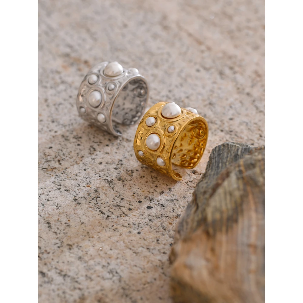 Yhpup Jewelry Ring Simulated Pearls Stainless Steel