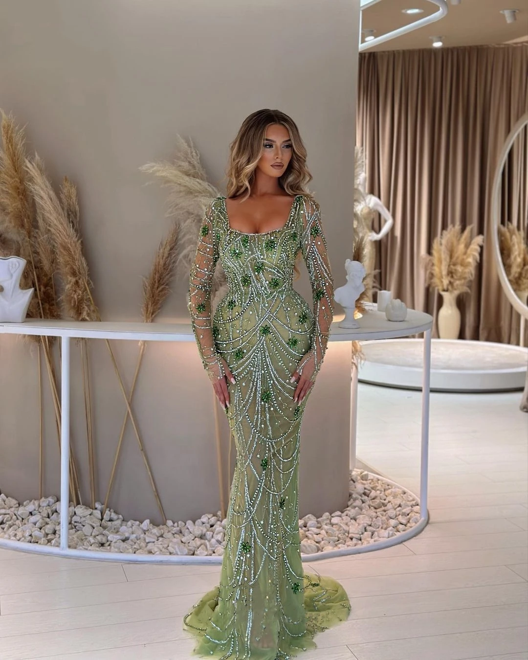 

Gorgeous Mermaid Prom Dresses Crystal Beading Rhinestone Illusion Long Sleeves Evening Gowns Custom Made Robe De Soirée