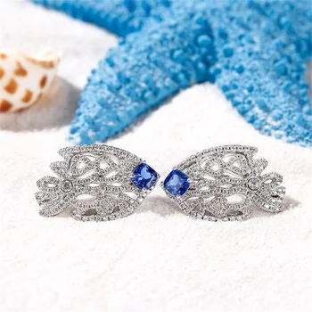 Blue Crystal White Zircon Hollow Small Fish Stud Earrings For Women Vintage Silver Color Wedding Earring Valentine Jewelry Gifts