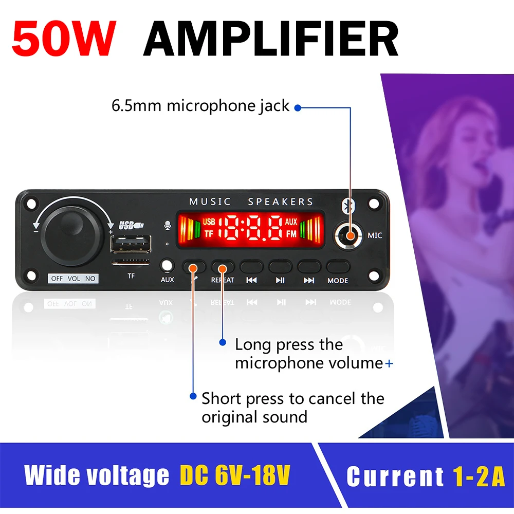 DC 6-18V Bluetooth 5.0 디지털 증폭기 모듈 오디오 디코더 보드 2.0 채널 스테레오 25W * 2 홈 가라오케 제어 모듈